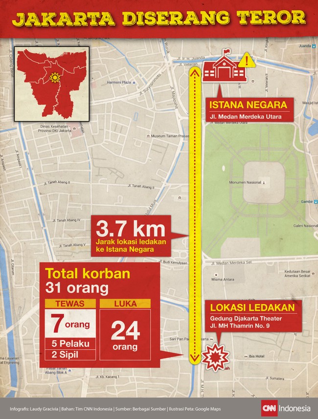 Teror melanda Jakarta, Kamis (14/1). Ledakan mengguncang kawasan Sarinah, depan kedai Starbucks, Thamrin, Jakarta Pusat. Korban berjatuhan.