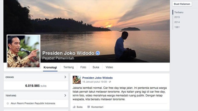 Nama Jokowi masuk ke dalam daftar lima besar pemimpinan negara yang populer di laman Facebook.