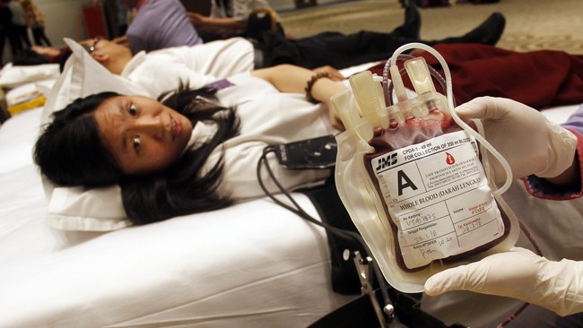 Petugas mengambil darah dari pendonor saat kegiatan donor darah dalam rangka Hut ke-22 Indonesia Membangun Bangsa (IMB) Group di Makassar, Sulawesi Selatan, Sabtu (23/1). Kegiatan donor darah yang menargetkan 200 kantung darah untuk memenuhi kebutuhan stok darah Palang Merah Indonesia (PMI) Makassar tersebut sekaligus diselenggarakan sebagai wujud kepedulian kepada sesama. ANTARA FOTO/Abriawan Abhe/kye/16