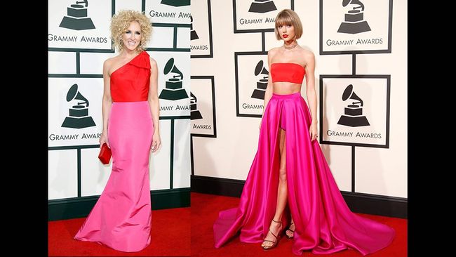 Taylor Swift dan Kimberly Schlapman tak janjian ketika mereka memilih busana Grammynya. Tak disangka keduanya bak saudara kembar yang memakai baju sama.