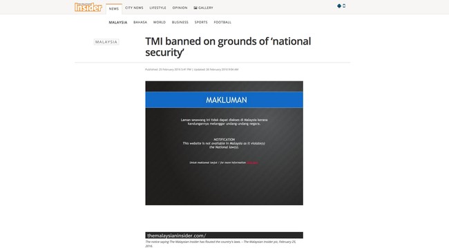 Geramm menyatakan kekecewaan atas pemblokiran portal berita The Malaysian Insider oleh otoritas Malaysia karena menilainya tidak berdasar dan tidak adil.