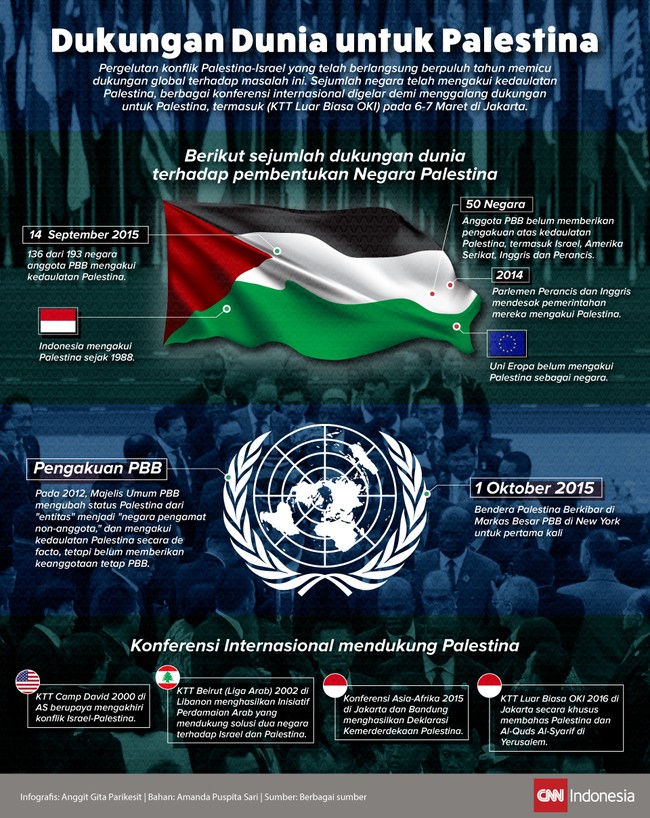Sejumlah negara di dunia, berikut lembaga dan berbagai konferensi, telah menyatakan dukungan terhadap Palestina meski kemerdekaan Palestina belum juga tercapai.