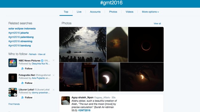 Hasil pencarian tagar #GMT2016 di media sosial seolah mengajak kita untuk menikmati gerhana matahari dari sejumlah kota di Indonesia.
