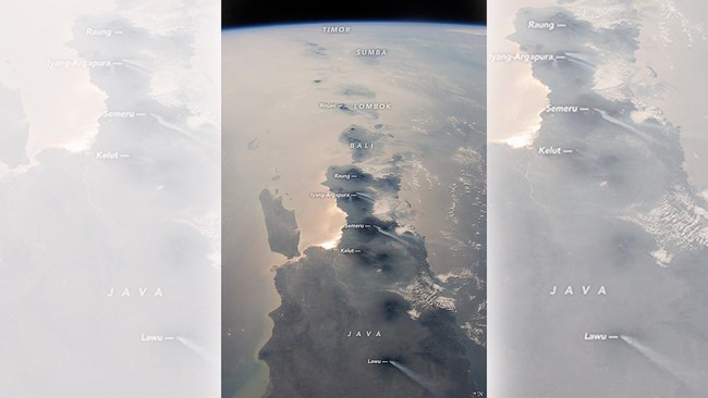 Foto menakjubkan ini diambil dari jarak 1.600 kilometer dari ISS pada 25 Oktober 2015. Bayangan paling terang yang dipantulkan Matahari adalah Surabaya.