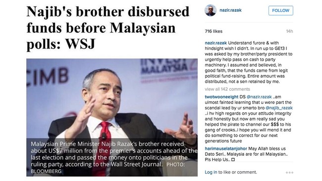 Adik Perdana Menteri Malaysia, Nazir Razak mengaku menyesal membantu mendistribusikan hampir US$7 juta kepada sejumlah politisi menjelang pemilu 2013.
