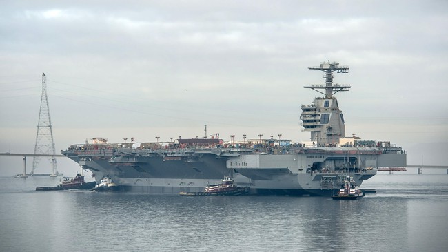 USS Gerald R. Ford (CVN 78) yang dibuat dengan dana lebih dari Rp170 triliun akan diuji coba pada Juli dan diperkirakan beroperasi pada September tahun ini.