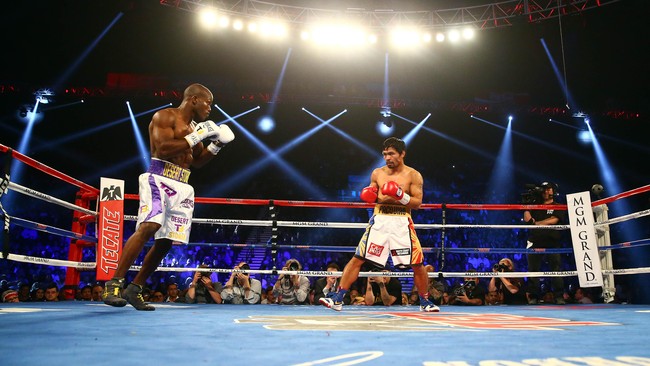 Nama Manny Pacquiao tetap bergaung di MGM Grand Arena ketika sang petinju Filipina melakoni laga terakhirnya sebagai petinju profesional.