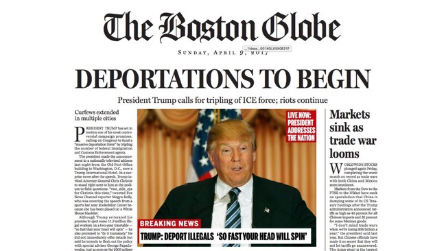 Media AS, Boston Globe mengejek pencalonan diri Donald Trump sebagai presiden AS dalam sebuah parodi yang ditampilkan pada halaman depan media ini.