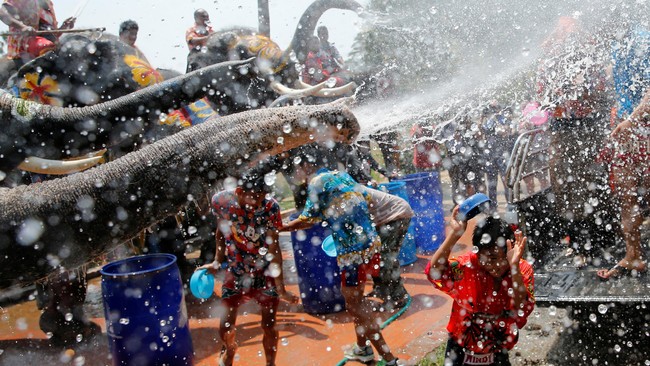 Main Air Dengan Gajah Warna-Warni di Festival Songkran