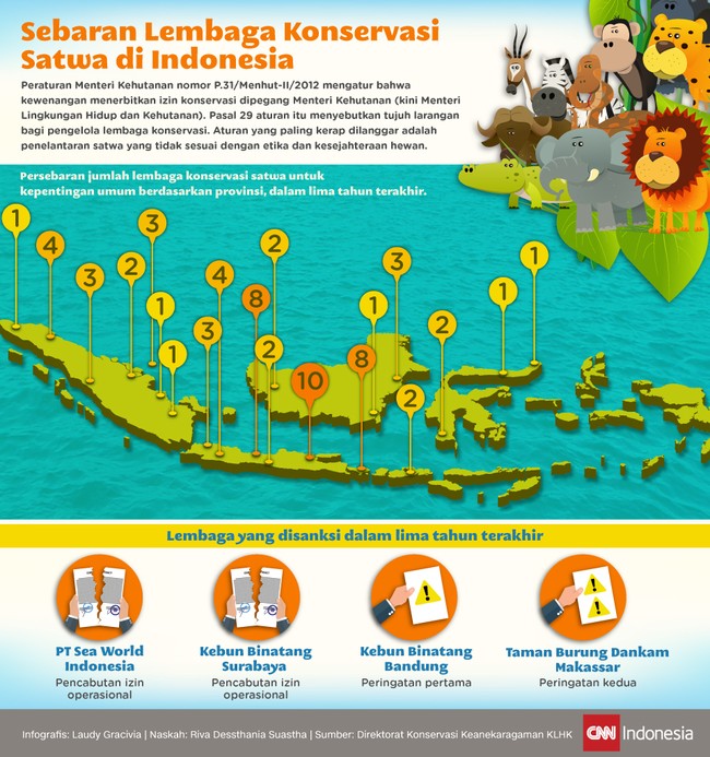 Lembaga konservasi paling sering melanggar aturan soal pemeliharaan satwa yang tak sesuai dengan etik dan kesejahteraan hewan. Empat lembaga disanksi.