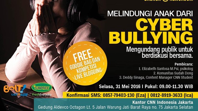 Bagaimana cara mengetahui sejak dini bahwa anak-anak kita sudah jadi korban cyberbullying? Cari jawabannya di Brunch At Newsroom, 31 Mei 2016.