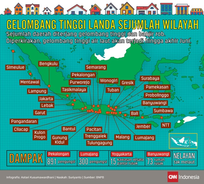 Sejumlah daerah di Indonesia diterjang gelombang tinggi dan banjir rob. Diperkirakan, gelombang tinggi air laut akan terjadi hingga akhir Juni.