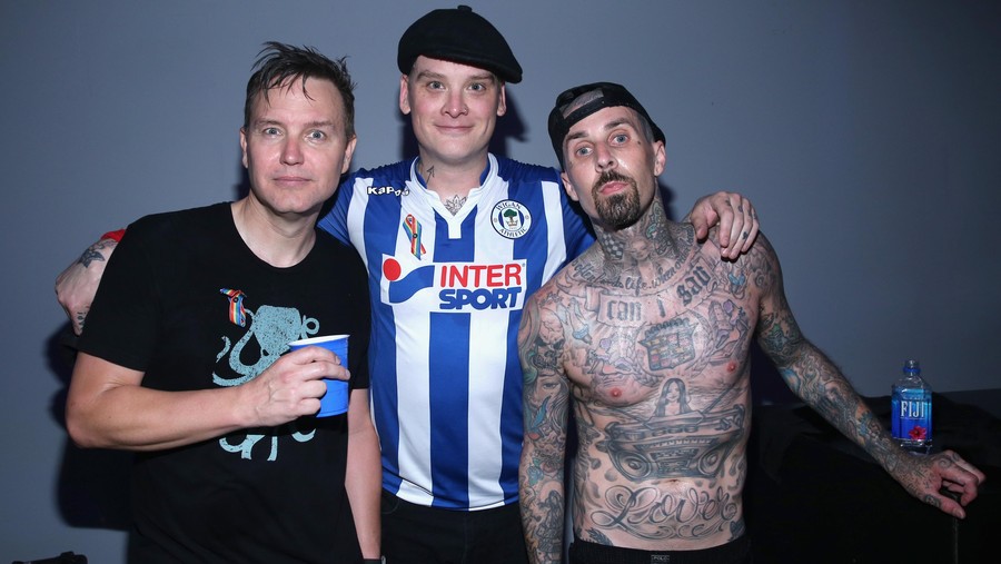 LOS ANGELES, CA - JUNE 12: (L-R) Musicians Mark Hoppus, Matt Skiba and Travis Barker of Blink-182 backstage as Bethesda Softworks shows off new video game experiences at its E3 Showcase and BE3 Plus event at the LA Hangar in Los Angeles, ahead of the Electronic Entertainment Expo (E3) happening at the Los Angeles Convention Center from June 14-16, on June 12, 2016 in Los Angeles, California.  (Photo by Jonathan Leibson/Getty Images for Bethesda Softworks LLC)