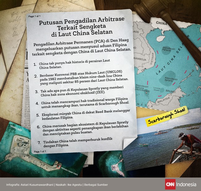 Pengadilan Arbitrase Permanen (PCA) di Den Haag mengeluarkan putusan menyusul aduan Filipina terkait sengketa dengan China di Laut China Selatan.