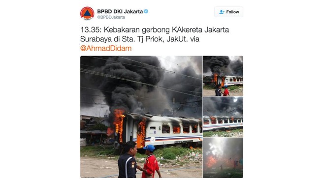 Kereta api kelas ekonomi itu terbakar di area parkir. Tidak ada penumpang di dalam kereta tujuan Surabaya itu ketika kebakaran terjadi.