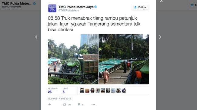 Pengendara yang akan melintasi jalan Tol Jakarta-Tangerang arah Tangerang diminta mengambil jalur JORR arah Karang Tengah akibat kecelakaan tunggal tersebut.