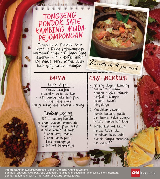 Tongseng di Pondok Sate Kambing Muda Pejompongan termasuk salah satu jenis yang autentik. Ciri khasnya: irisan kol, nanas serta tomat dalam kuah melimpah.