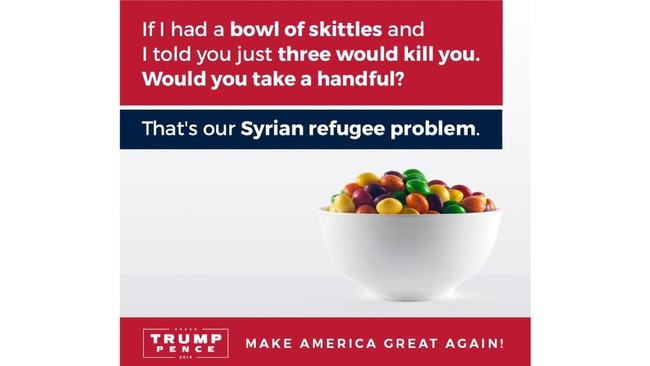 Putra calon presiden Amerika Serikat dari Partai Republik, Donald Trump, dikecam setelah menyamakan para pengungsi Suriah dengan butiran permen.