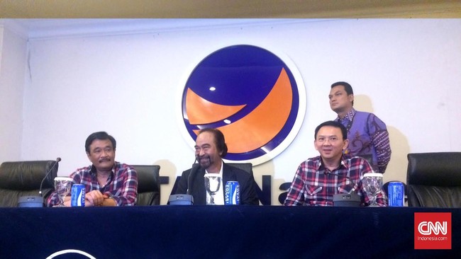 Basuki Tjahaja Purnama dan Djarot Syaiful Hidayat mengunjungi Surya Paloh terkait dengan pemaparan kinerja mereka selama memimpin DKI Jakarta.