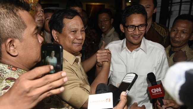 Sandiaga Uno Jadi Cawapres Prabowo Subianto di Pilpres 2019 Ketua Umum Prabowo Subianto akhirnya memilih Sandiaga Uno sebagai cawapresnya pada pilpres 2019.