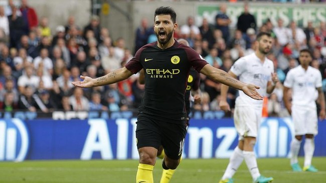 Penyerang Manchester City Sergio Aguero cetak dua gol dan satu gol lagi dipersembahkan Raheem Sterling. Satu-satunya gol Swansea dicetak Fernando Llorente.