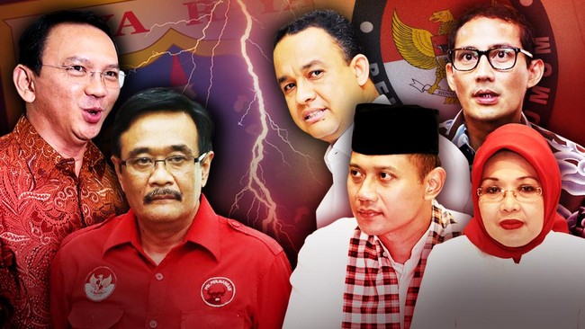 Usai pengundian, ketiga pasangan calon gubernur DKI berpose bersama nomor urut masing-masing, para pendukung mereka riuh meneriakkan yel-yel.