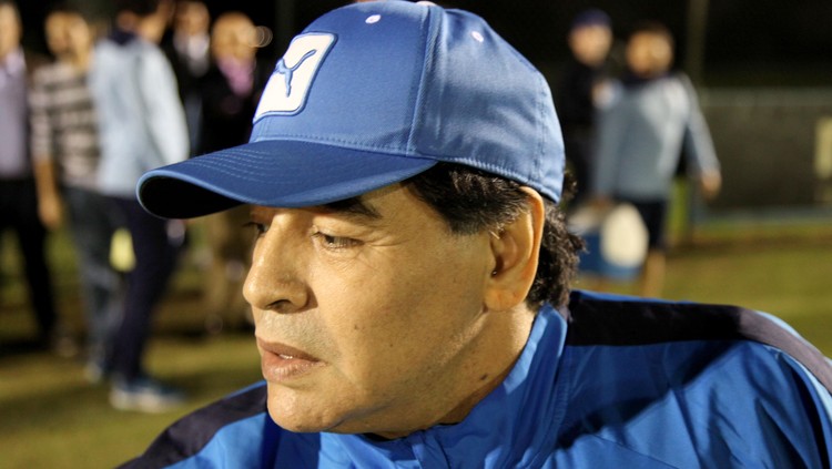Diego Armando Maradona is seen during a training session at SS Lazio Training Center on October 10, 2016 in Rome, Italy.