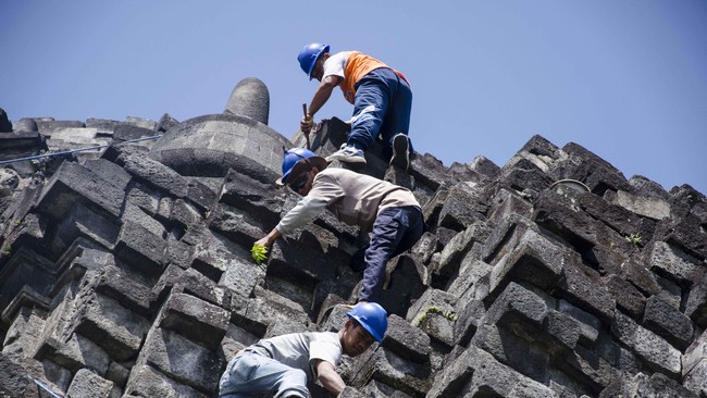 Pekerja pemelihara situs budaya candi-candi mengabdikan diri sepenuh cintanya pada tinggalan sejarah, bermanfaat edukasi lalu dan kini di sumber kesejarahannya.