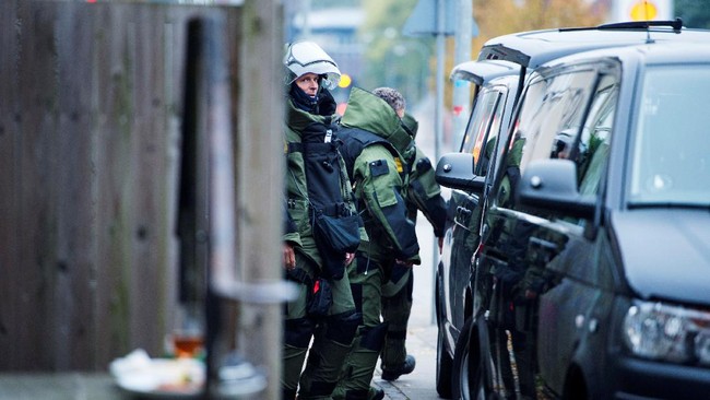 Polisi mengirimkan tim penjinak bom dan anjing pelacak ke dua bandara domestik di kota Roskilde dan Aarhus serta sebuah pusat perbelanjaan di Roskilde. 