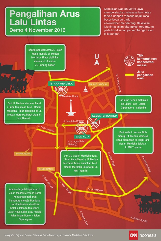 Rekayasa lalu lintas dirancang Polda Metro Jaya saat aksi demonstrasi 4 November. Pengguna jalan diimbau menghindari jalur di sekitar lokasi unjuk rasa.