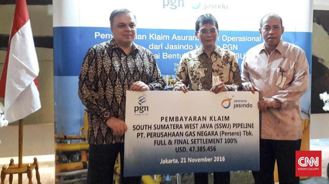 Klaim US$47,38 juta diberikan Jasindo kepada PGN untuk memperbaiki pipa SSWJ sebesar Us$46,2 juta dan perbaikan kompresor senilai US$1,175 juta.