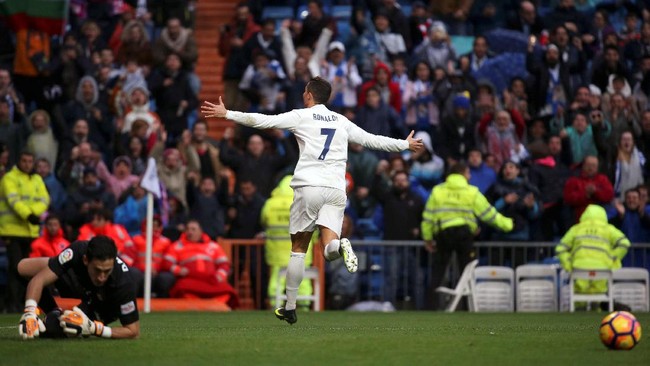 Cristiano Ronaldo mencetak dua gol dan membawa Real Madrid unggul 2-1 atas Sporting Gijon di babak pertama.