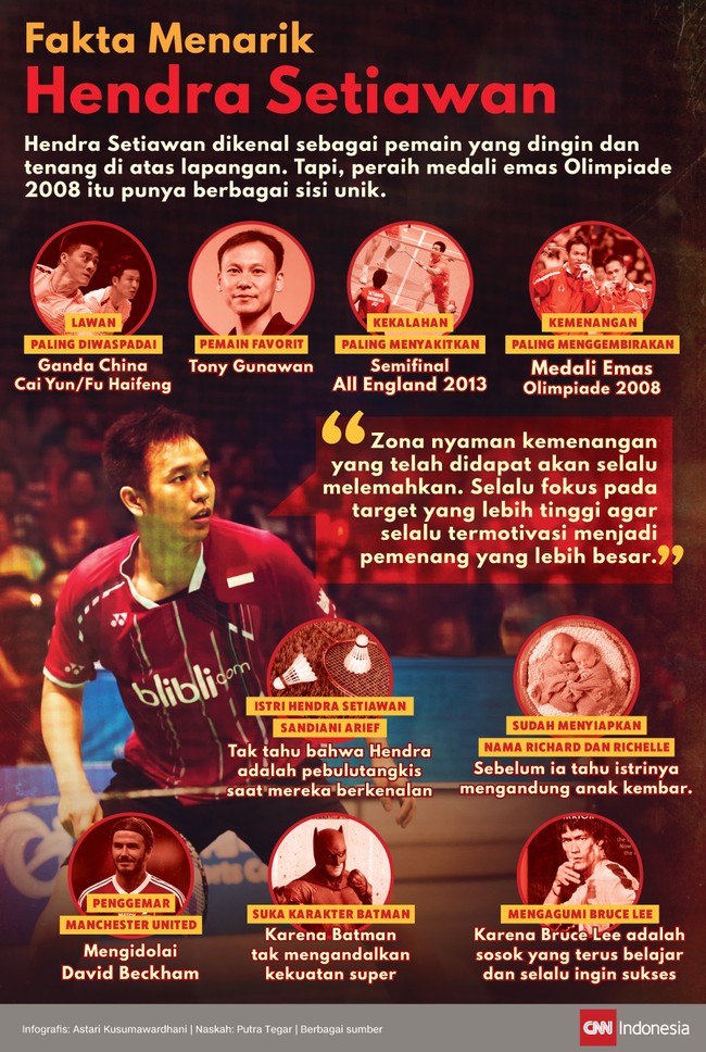 Hendra Setiawan mengaku mengagumi Bruce Lee dan Batman serta jadi penggemar Tony Gunawan semasa muda.