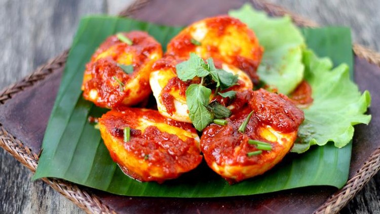 Sambal Telur - Malay traditional cuisine. Hard boiled eggs and chilli sauce