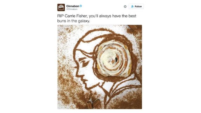 Cuitan Cinnabon itu dilengkapi gambar taburan bubuk kayu manis yang menyerupai sosok Putri Leia, plus sebuah roti sebagai sanggul ‘cepol’ khasnya.