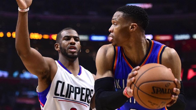 Kedigdayaan Russel Westbrook bersama Oklahoma City Thunder terhenti saat melawan LA Clippers dalam lanjutan kompetisi NBA, Selasa (17/1).