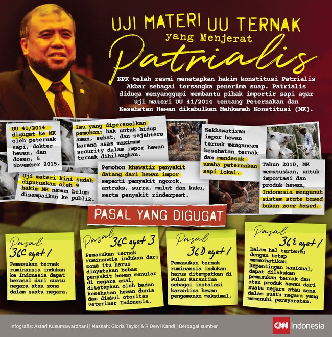Patrialis diduga menerima suap untuk memuluskan dikabulkannya uji materi UU 41/2014 tentang Peternakan dan Kesehatan Hewan.