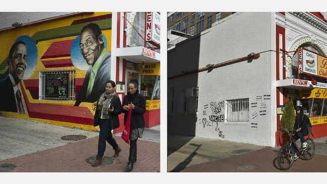 Salah satu dinding luar Ben's Chili Bowl biasanya berisi wajah senyum Barack Obama dan Bill Cosby. Kini dinding itu hanya berwarna putih polos.