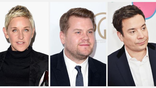 Ellen DeGeneres gunakan film Finding Dory, James Corden tak banyak bicara, sementara Jimmy Fallon menggunakan alat peraga permainan kebijakan Trump.