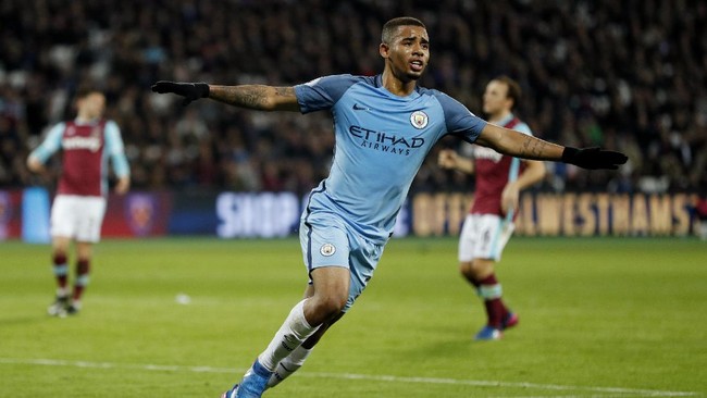 Manchester City berpesta empat gol di kandang West Ham United, Stadion Olimpiade, London. Satu gol dicetak Gabriel Jesus.