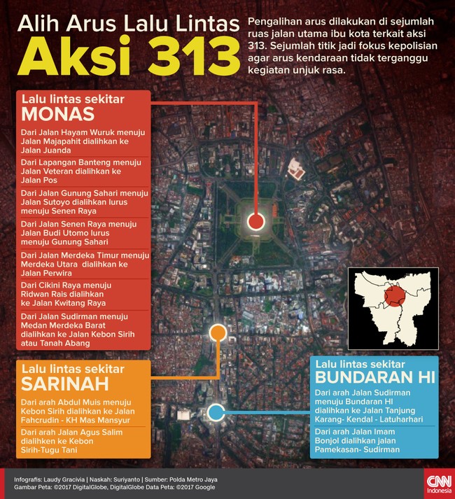 Arus lalu lintas di sejumlah titik dialihkan karena adanya aksi massa 313. Usai salat jumat, massa akan bergerak dari Masjid Istiqlal menuju Istana.