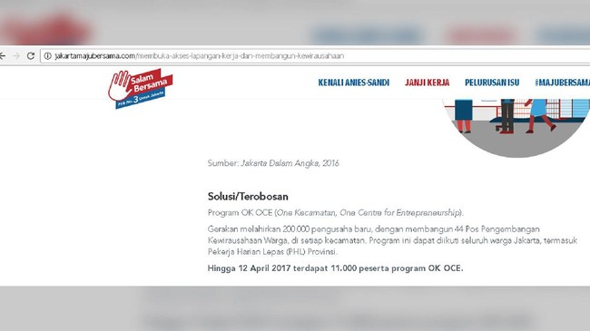 Situs www.jakartamajubersama.com, situs resmi pasangan Anies Baswedan-Sandiaga Uno diduga mengubah mendadak jumlah peserta program OK OCE.