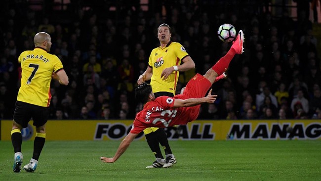 Gelandang Liverpool Emre Can tak terpikir sebelumnya bisa mencetak gol indah ke gawang Watford. Ia sempat ingin menyundul bola sebelum aksi saltonya.