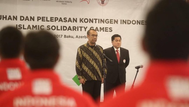 Kemenpora RI diwakili Sesmenpora Gatot S. Dewa Broto melepas keberangkatan rombongan kontingen yang akan berlaga di ISG 2017, Azerbaijan.