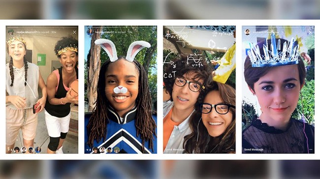 Filter wajah--sama halnya dengan Snapchat--fitur baru Instagram ini berbasis augmented reality yang bisa digunakan pada foto atau video.