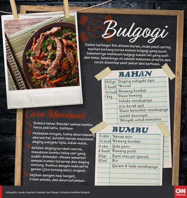 Dalam berbagai film drama Korea, penonton pasti sering melihat para pemeran makan bulgogi yang lezat. Sebenarnya membuat bulgogi bukan hal yang sulit dan lama.