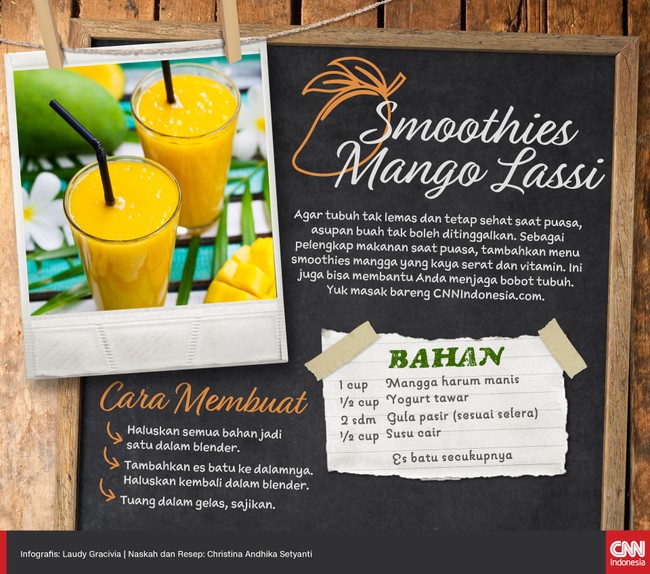 Sekalipun berpuasa, jangan lupakan asupan vitamin dari buah untuk kesehatan. Segelas smoothies mango lassi akan membuat buka puasa Anda jadi lebih segar.