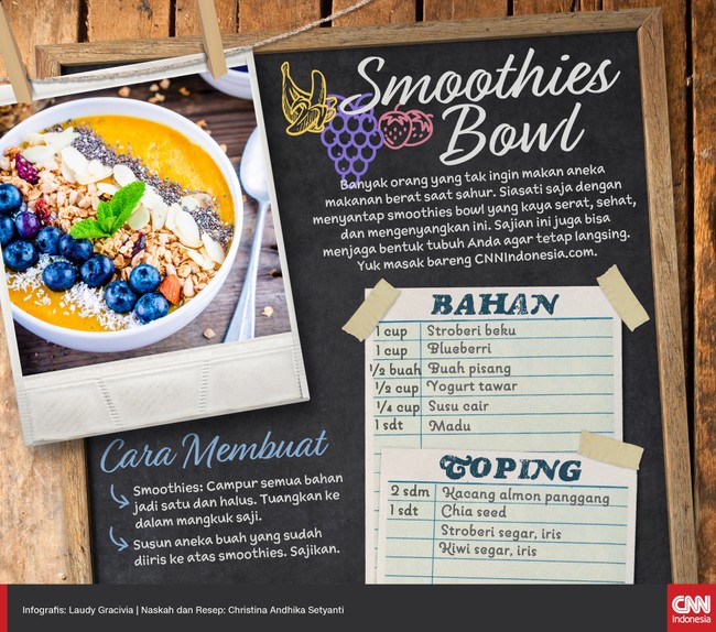 Smoothies bowl adalah salah satu sajian yang jadi tren belakangan ini. Tapi, Anda juga bisa membuatnya sendiri di rumah sebagai sahur yang praktis dan sehat.