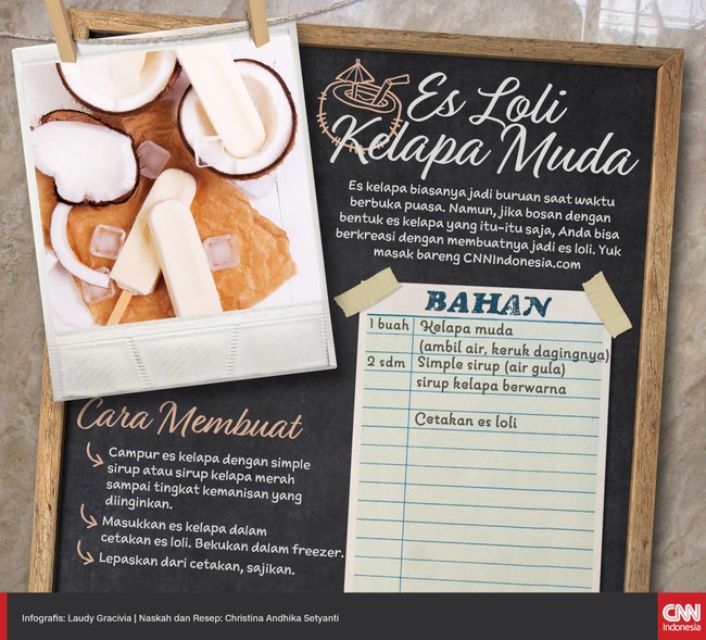 Es kelapa tak cuma segar diminum dengan sedotan. Namun, es kelapa juga nikmat dibekukan sebagai es loli.