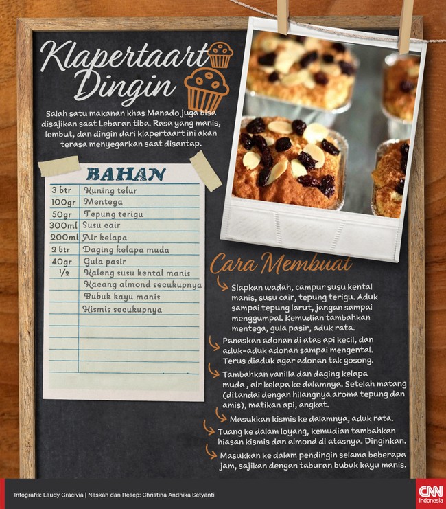 Makanan khas Manado juga bisa disajikan saat Lebaran tiba. Rasa yang manis, lembut, dan dingin dari klapertaart ini akan terasa menyegarkan saat disantap.